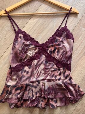 PacSun Burgundy Leopard Satin Lace Ruffle Camisole